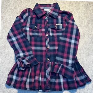 Calvin Klein Jeans Girls Plaid Flannel Peplum Top Size 6 Pink Navy Long Sleeve